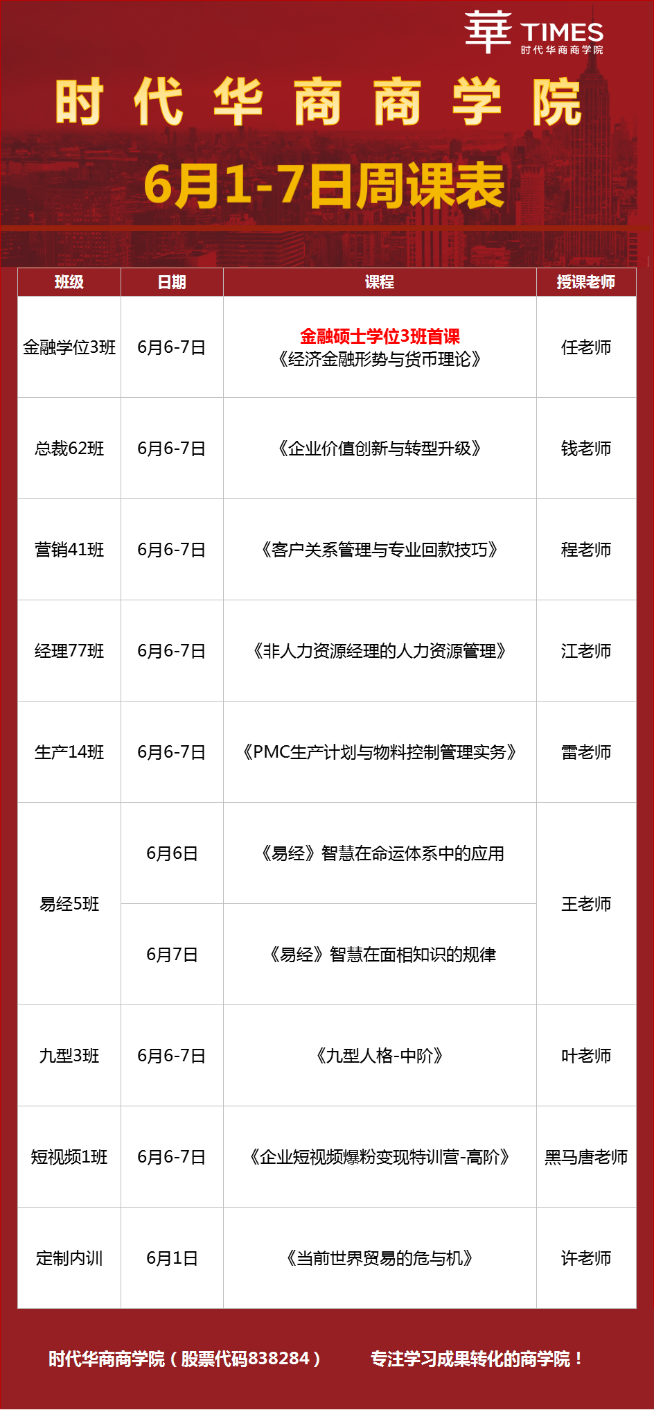 时代华商总裁班、金融硕士班、营销班、经理班、易经班6月课程免费试听