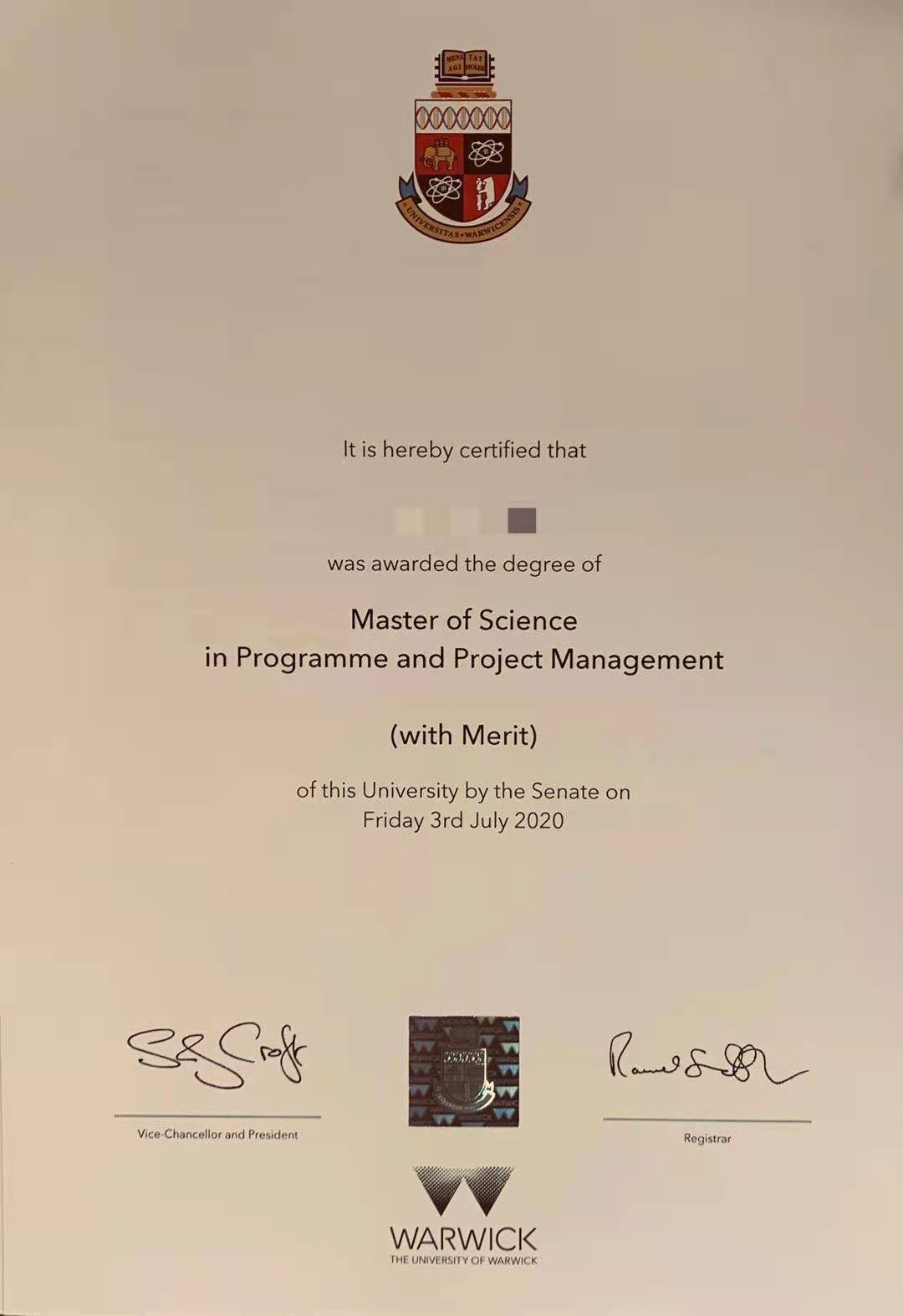 北京城市学院英国华威大学项目管理硕士毕业证样本