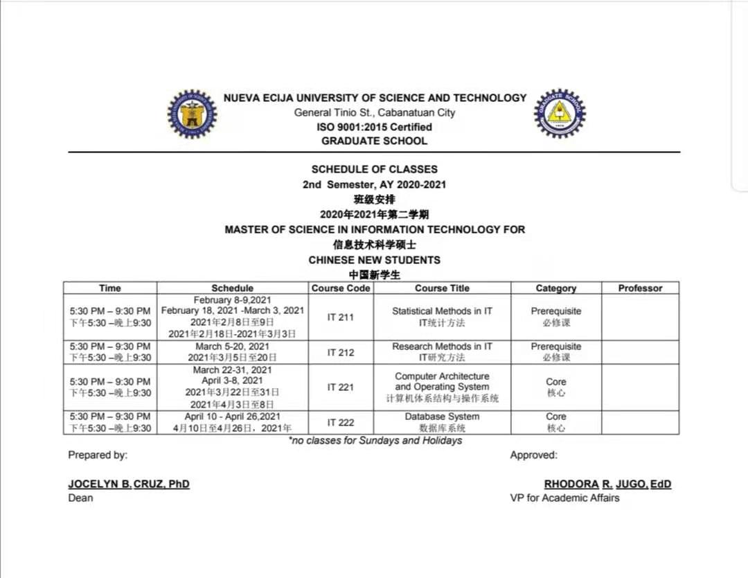菲律宾新艾西国立科技大学信息技术科学硕士(编程专业)留学项目课程安排
