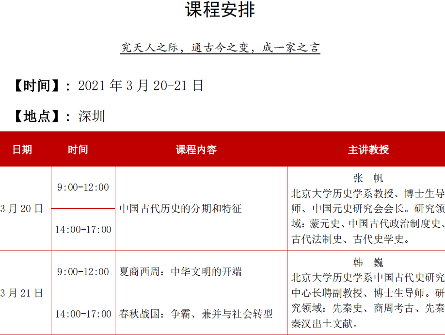 北京大学历史研修班2021年3月课程安排