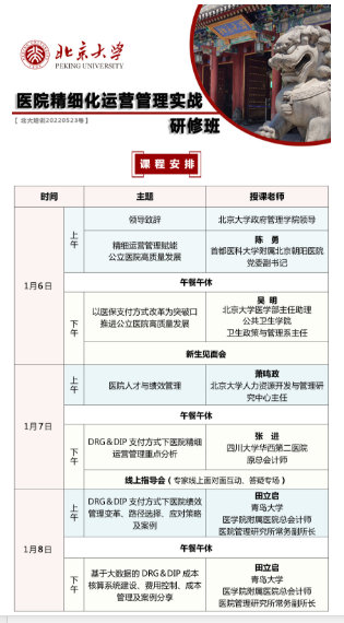 北京大学医院精细化运营管理实战研修班2023年1月份课表（线上）