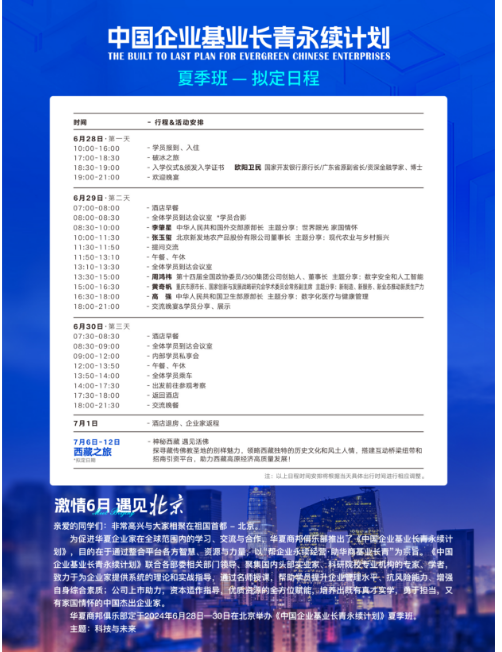 华夏商邦俱乐部定于2024年6月28日一30日在北京举办《中国企业基业长青永续计划》夏季班主题:科技与未来