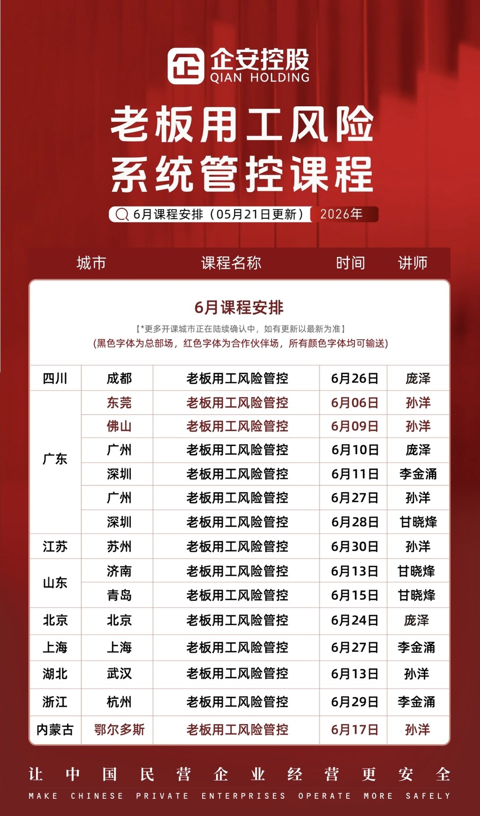 企安控股老板用工风险系统管控课程:2026年6月17日鄂尔多斯站,孙洋老师主讲