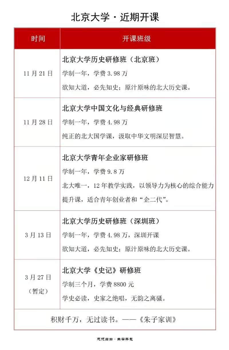 2020下半年北大研修班课程安排？