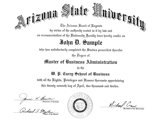 上海国家会计学院美国亚利桑那州立大学金融财务EMBA毕业证书样本