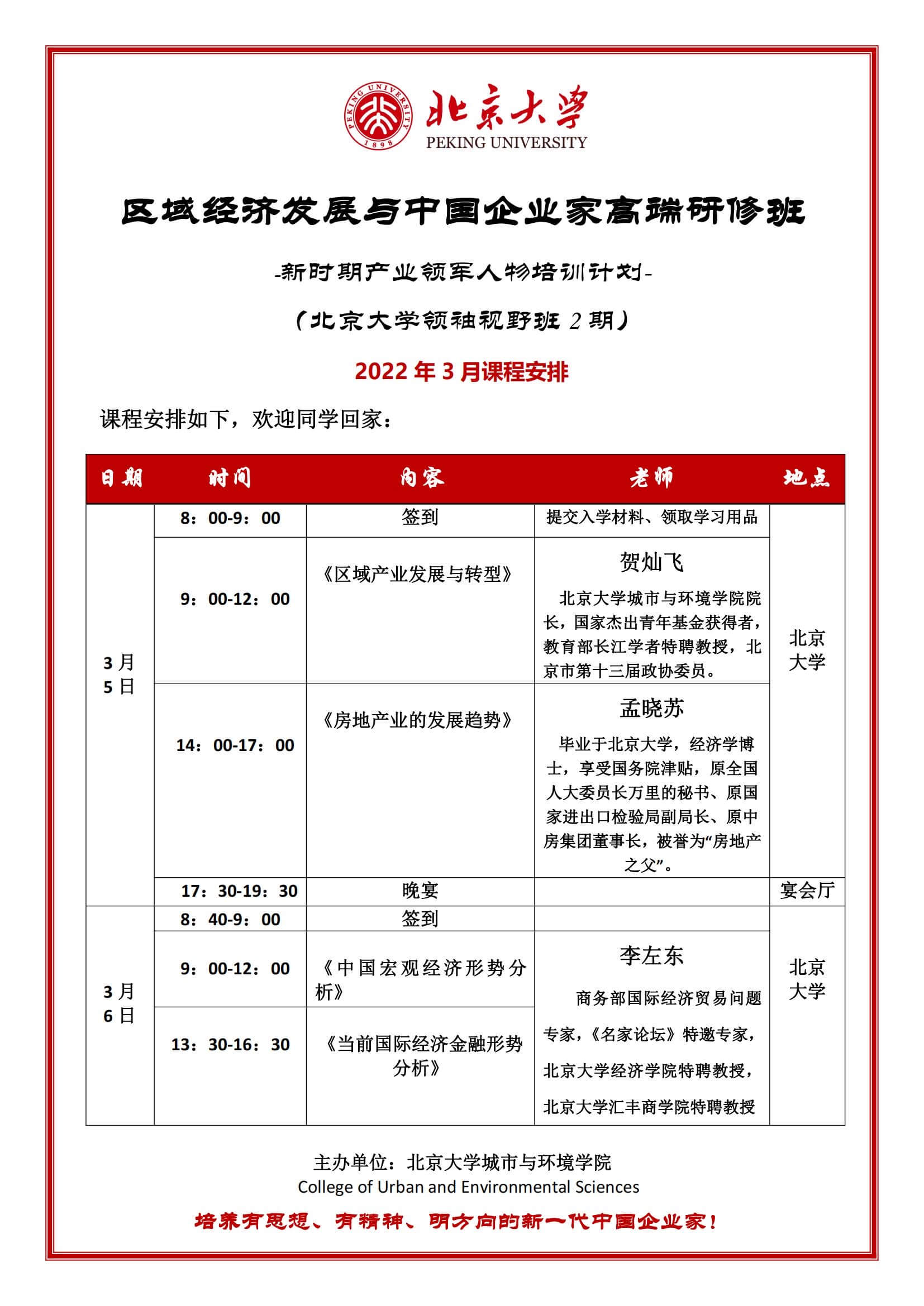 2022年3月北京大学区域经济发展与中国企业家高端研修班课程安排