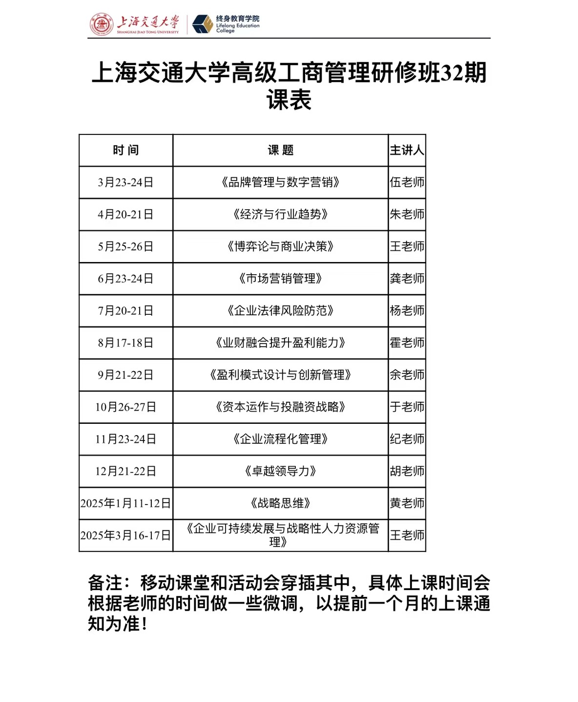 2024年上海交通大学高级工商管理研修班课表