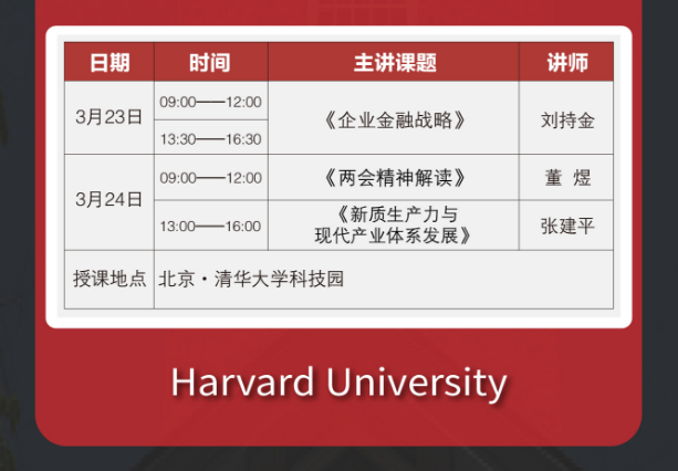 哈佛大学博士后&访问学者企业家研究班项目3月23-24日北京刘持金《两会精神解读》董煜《企业金融战略》张建平《新质生产力与现代产业体系发展》