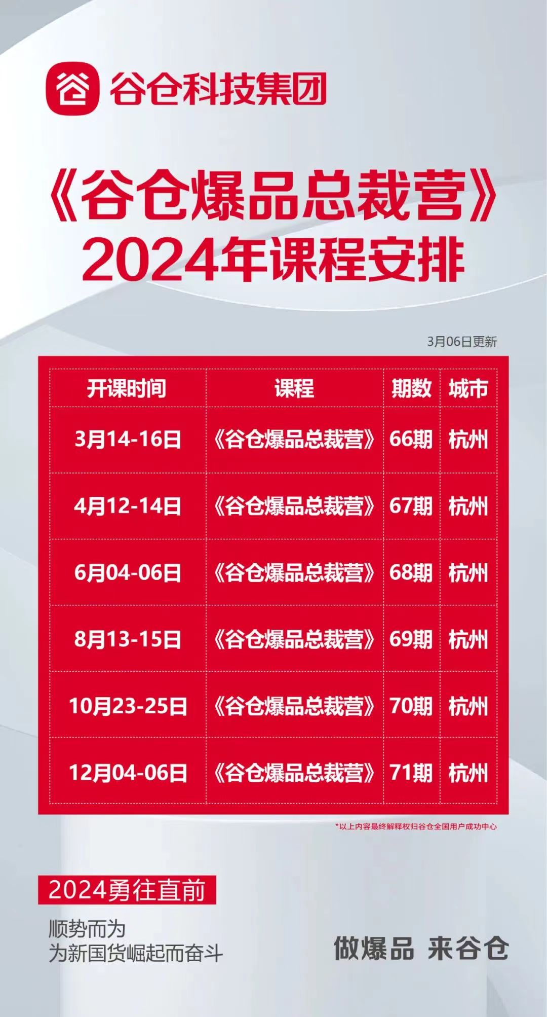 谷仓科技集团 《谷仓爆品总裁营》 2024年课程安排_华洪博士_杭州