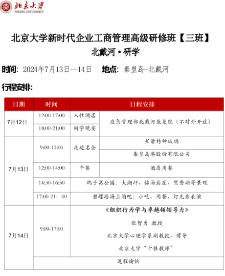2024北京大学新时代企业工商管理高级研修班【三班] 7月12-14日北戴河·研学《组织行为学与卓越领领导力》 张智勇