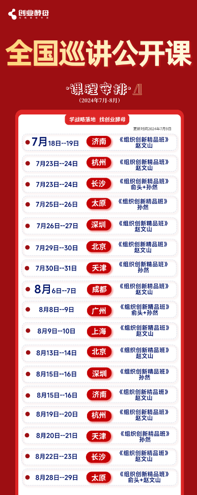 创业酵母《组织创新精品班》2024年7月-8月赵文山 俞头+孙然 济南 杭州  长沙 太原 深圳 北京 天津 成都 广州 上海 开课安排