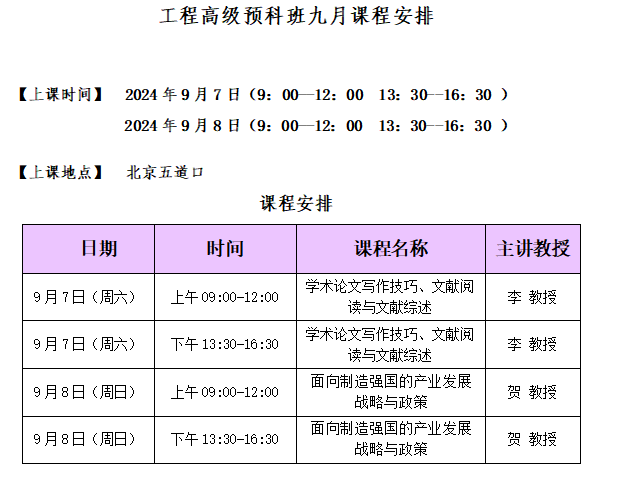 骁唐教育在职博士工程博士预科班九月课程安排北京2024年9月7-8日