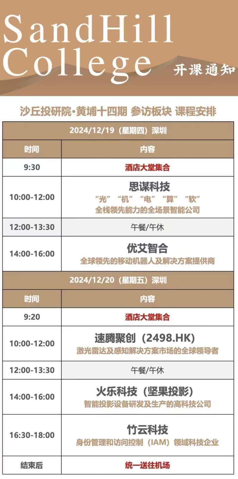 2024年12月19-20日沙丘投研院黄埔十四期参访模块课程安排_思谋科技_优艾智合_速腾聚创_火乐科技_竹云科技