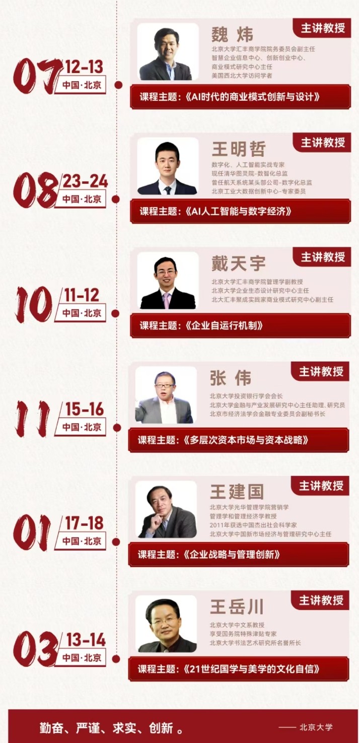 北京大学战略经营研修班2期课程安排王逸舟《宏观环境与中国发展:新挑战、新机遇》陈春花《企业如何应对增长瓶颈》陈国权《管理决策与时空领导力》魏炜《AI时代的商业模式创新与设计》王明哲《AI人工智能与数字