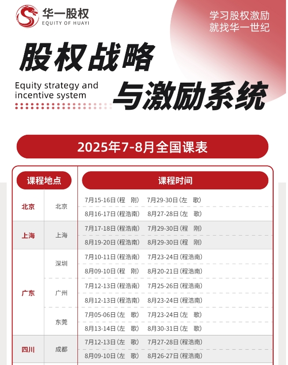 华一股权股权战略与激励系统_8月16-17日(程浩南) 8月27-28日(左歌) 7月17-18日(程浩南) 7月29-30日(程刚) 上海  8月19-20日(程浩南) 8月29-30日(程刚)