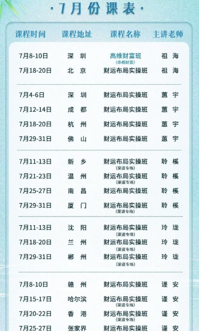 玖舍文化7月份课表 _ 蕙 宇 7月18-20日 杭 州 财运布局实操班 蕙 宇 7月29-31日 佛山 财运布局实操班 蕙 宇 7月11-13日 新 乡 _聆 模 7月21-23日