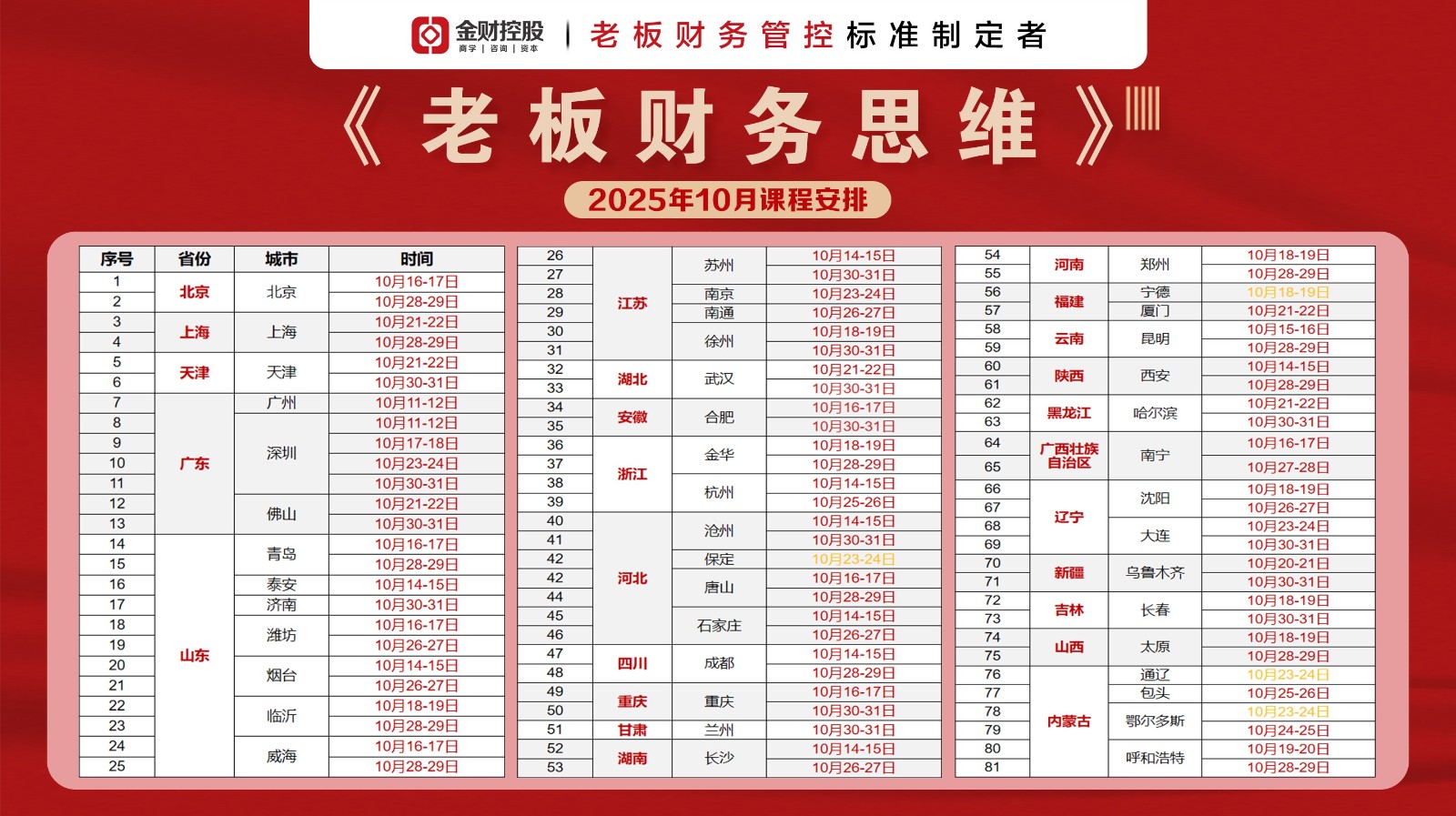 金财老板财务思维 - 2025 年 10 月课程安排