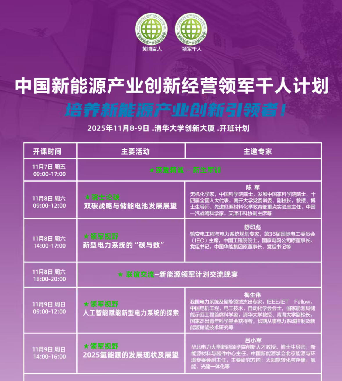 2025年11月8-9日优清商学院中国新能源产业创新经营领军人才培育计划_陈军_双探战略与储能电池发展展望_舒印彪_新型电力系统的碳与数