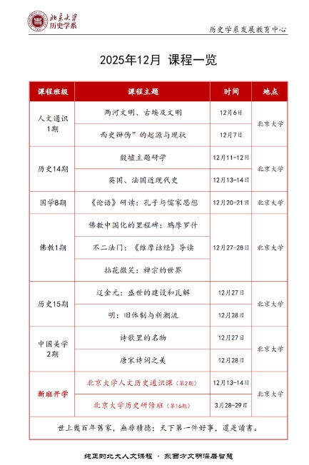 北京大学 历史学系12月课程一览_北京大学人文历史通识课(第2期) 12月13-14日 新班开学