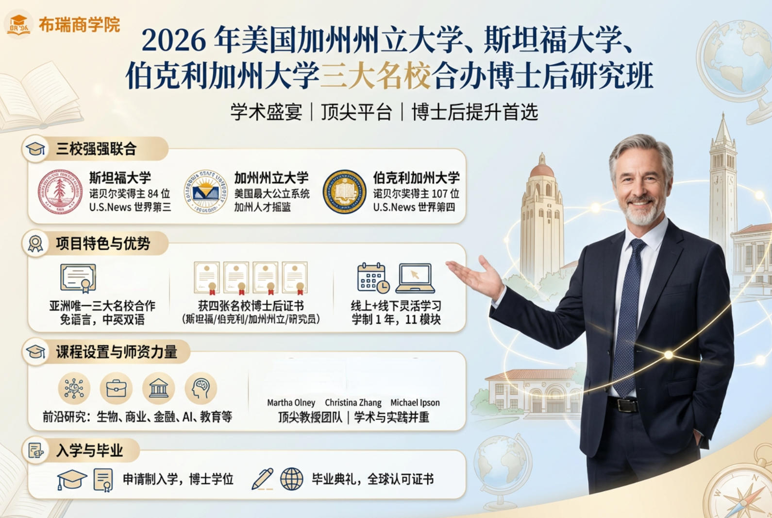 2026 年美国加州州立大学、斯坦福大学、伯克利加州大学三大名校合办博士后研究班