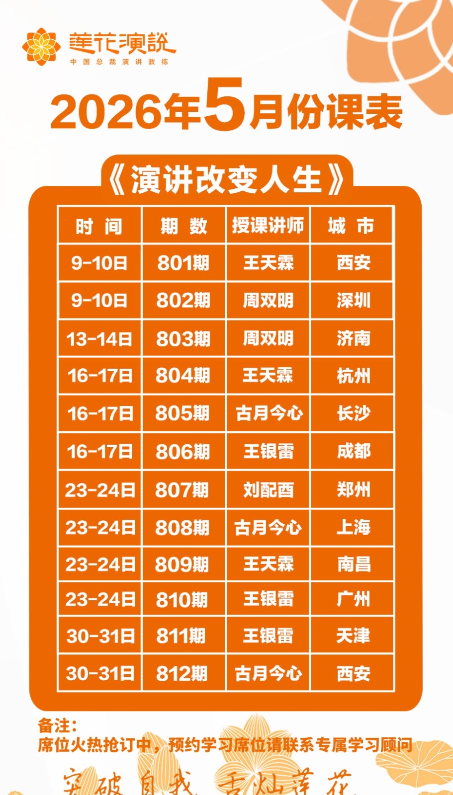 2026年5月份的《演讲改变人生》课程课表西安、深圳、济南、杭州、长沙、成都、郑州、上海、南昌、广州、天津