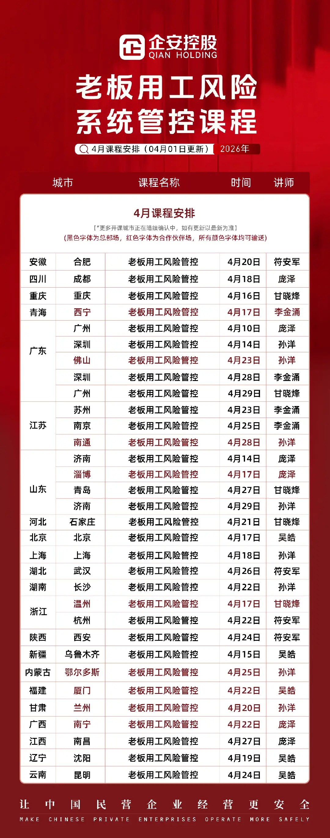 企安控股 | 老板用工风险系统管控 | 2026年4月多城市开课
