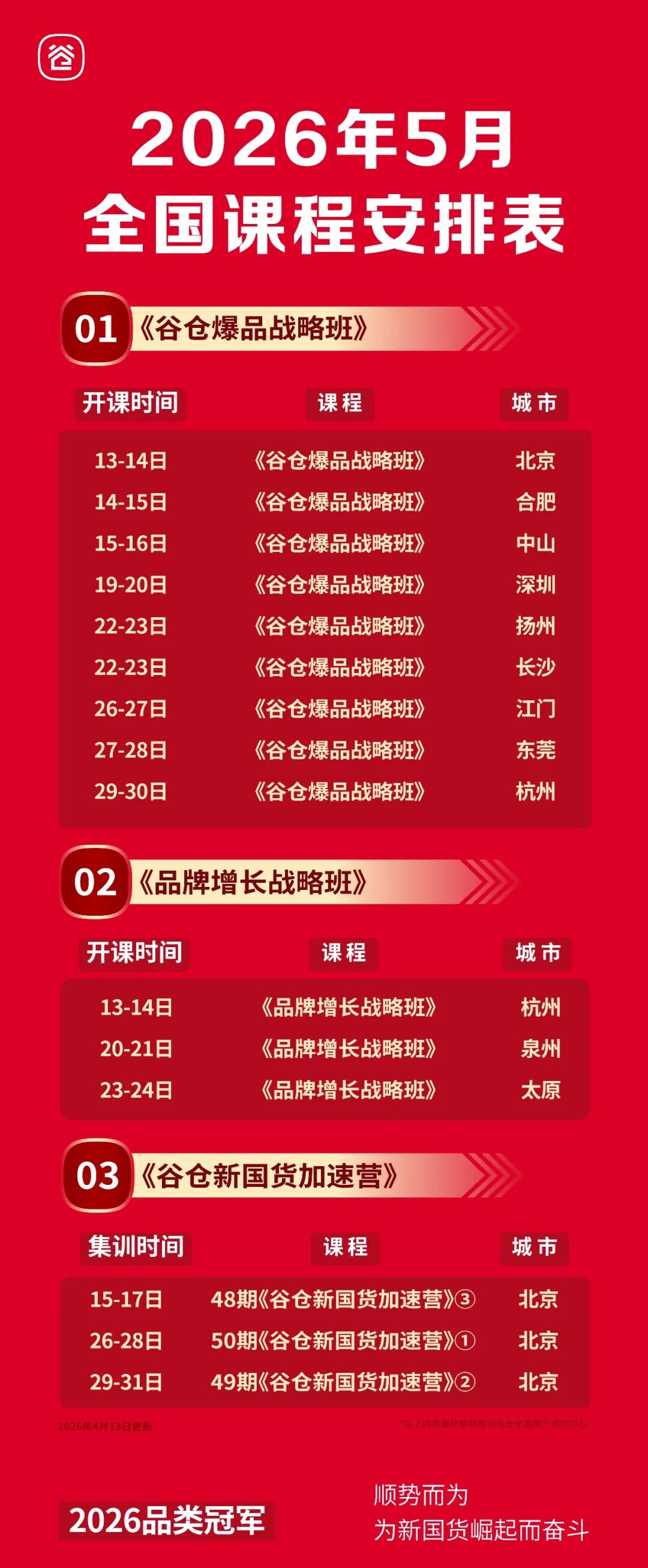 谷仓新国货研究院 | 爆品战略班 | 全国行程 | 5月课程安排