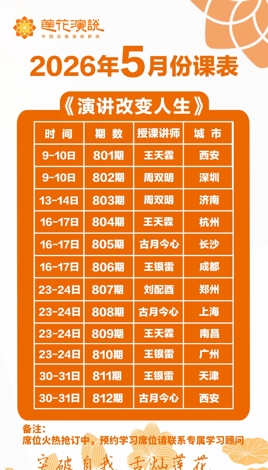 莲花演说 | 2026年5月全国课表 | 12期课程覆盖10+城市 | 王天霖/周双明/古月今心等