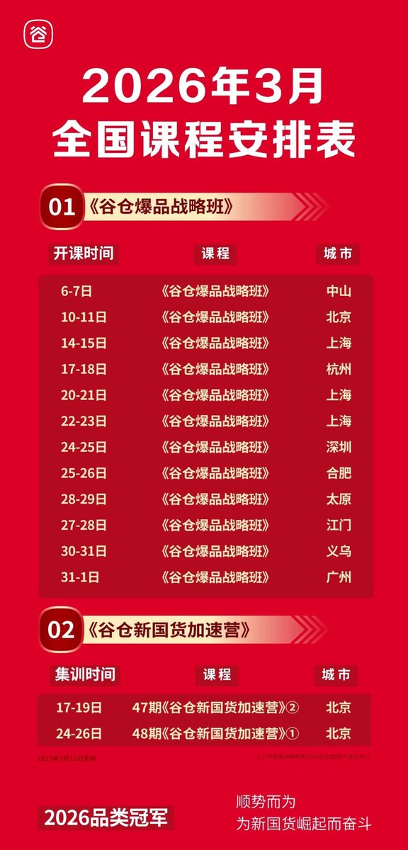 谷仓新国货研究院 | 2026年3月谷仓爆品战略班全国课程安排表