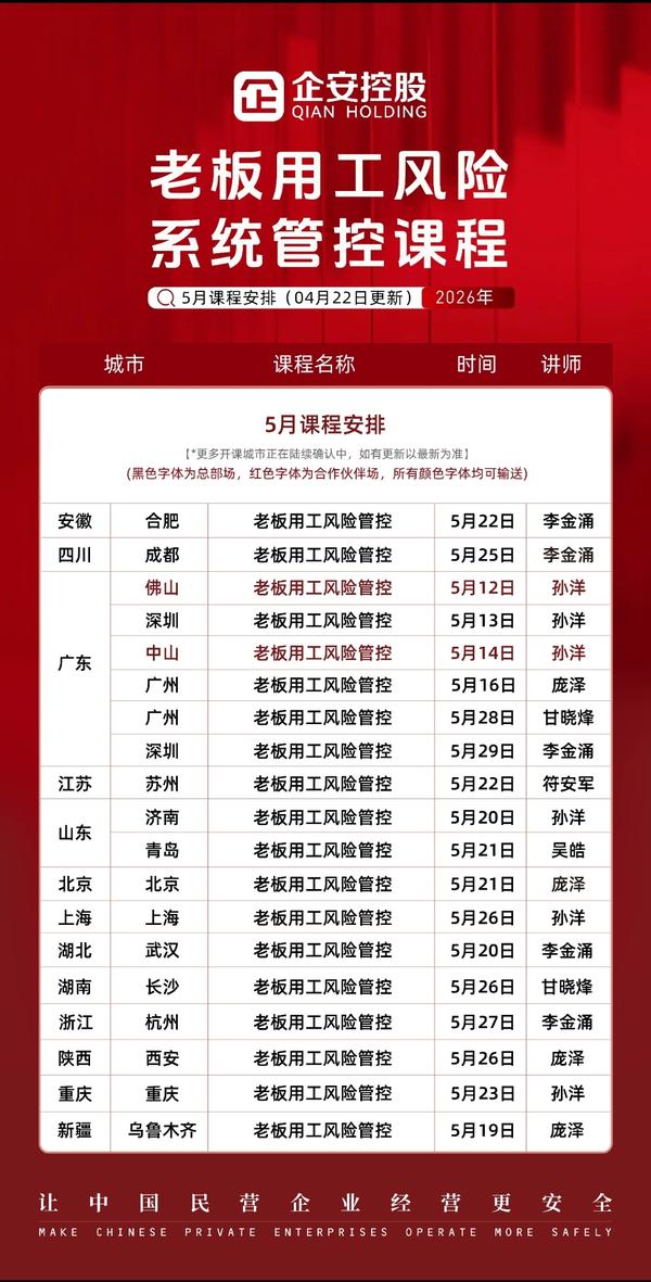 企安控股 | 老板用工风险管控 | 5月全国多城市开课安排