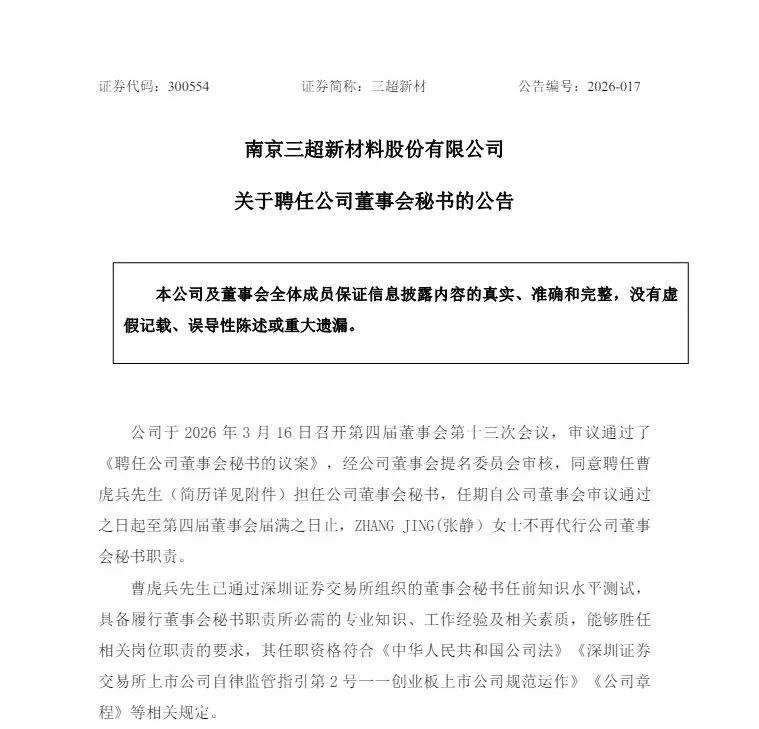 董秘俱乐部 | CFO+董秘新趋势 | 三超新材案例分析 | 财务总监兼任
