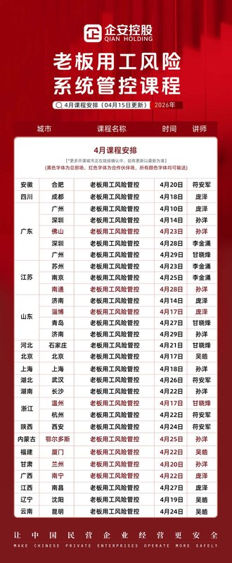 老板用工风险管控 | 企安控股 | 4月多城市开课