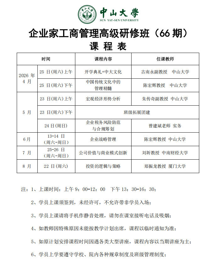 中山大学企业家工商管理高级研修班(66期)开课通知