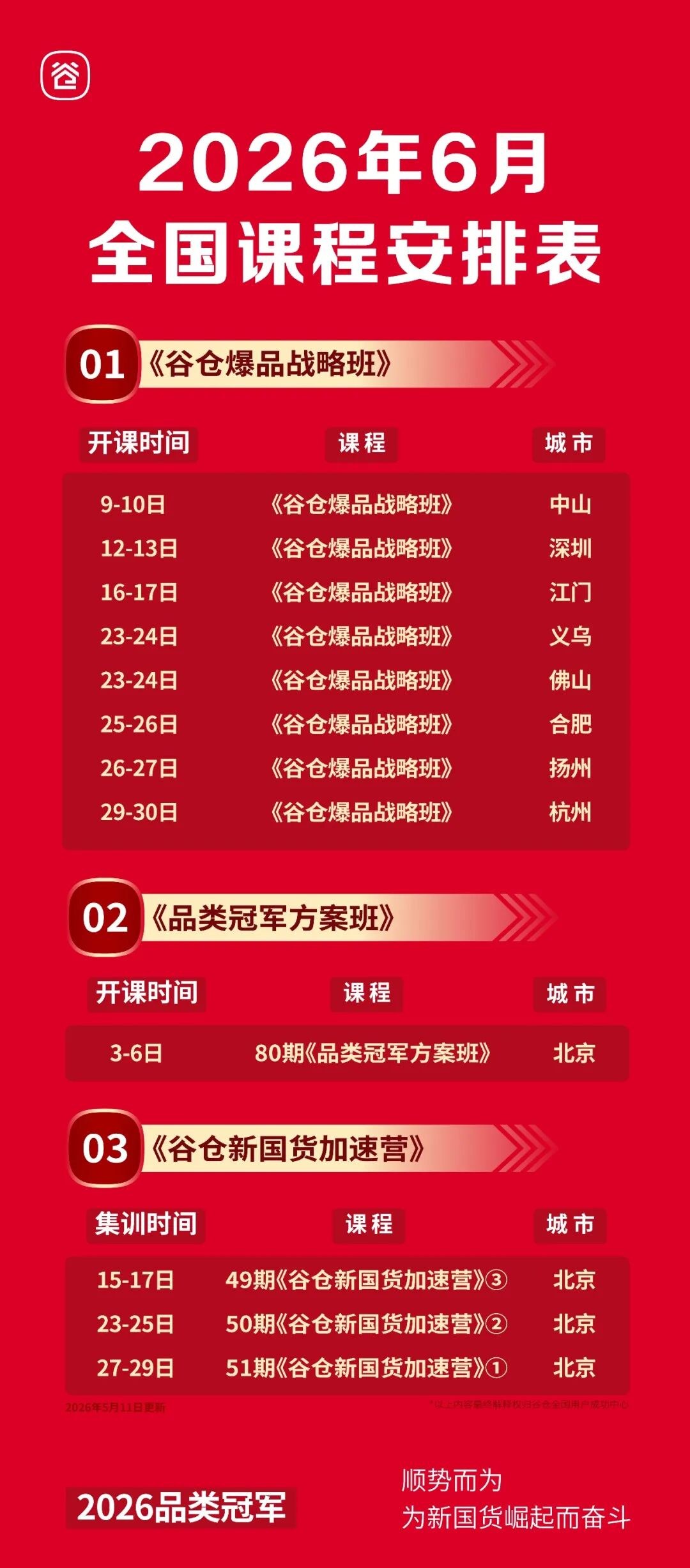 谷仓爆品战略班2026年6月全国课程安排表：中山深圳江门佛山合肥等城市排期一览