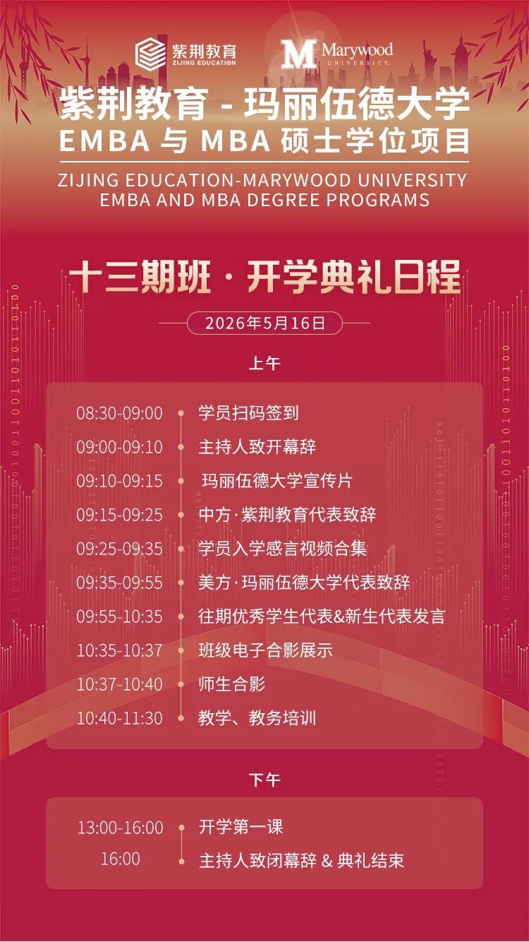 张卓孙富春等嘉宾共启新程:紫荆-玛丽伍德大学EMBA与MBA十三期开学典礼明日举行