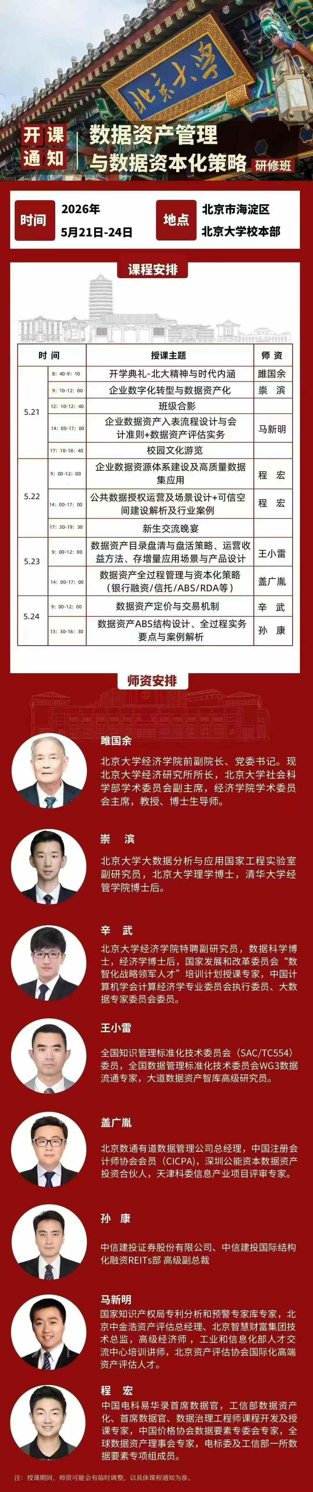 雎国余、崇滨、程宏等师资主讲:北京大学数据资产管理与数据资本化策略研修班5月21日-24日开课