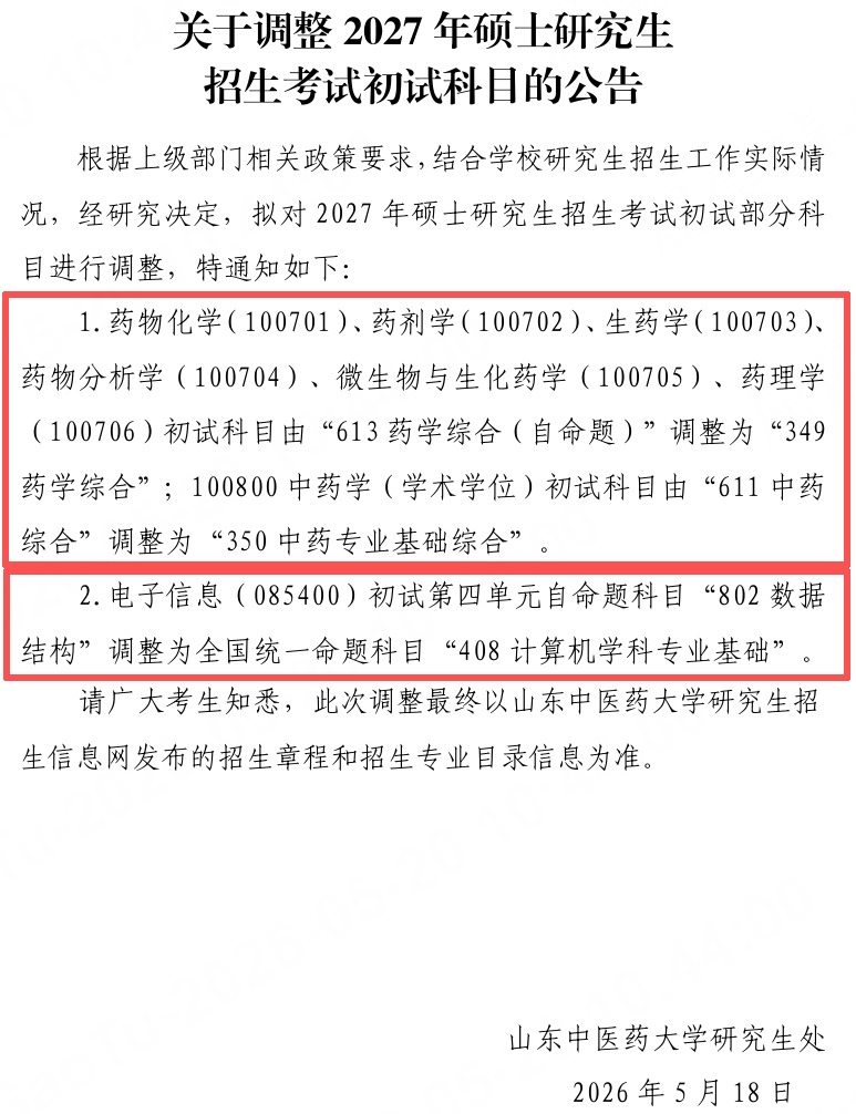 高途考研整理2027考研科目改考通知:山东中医药大学等院校持续更新