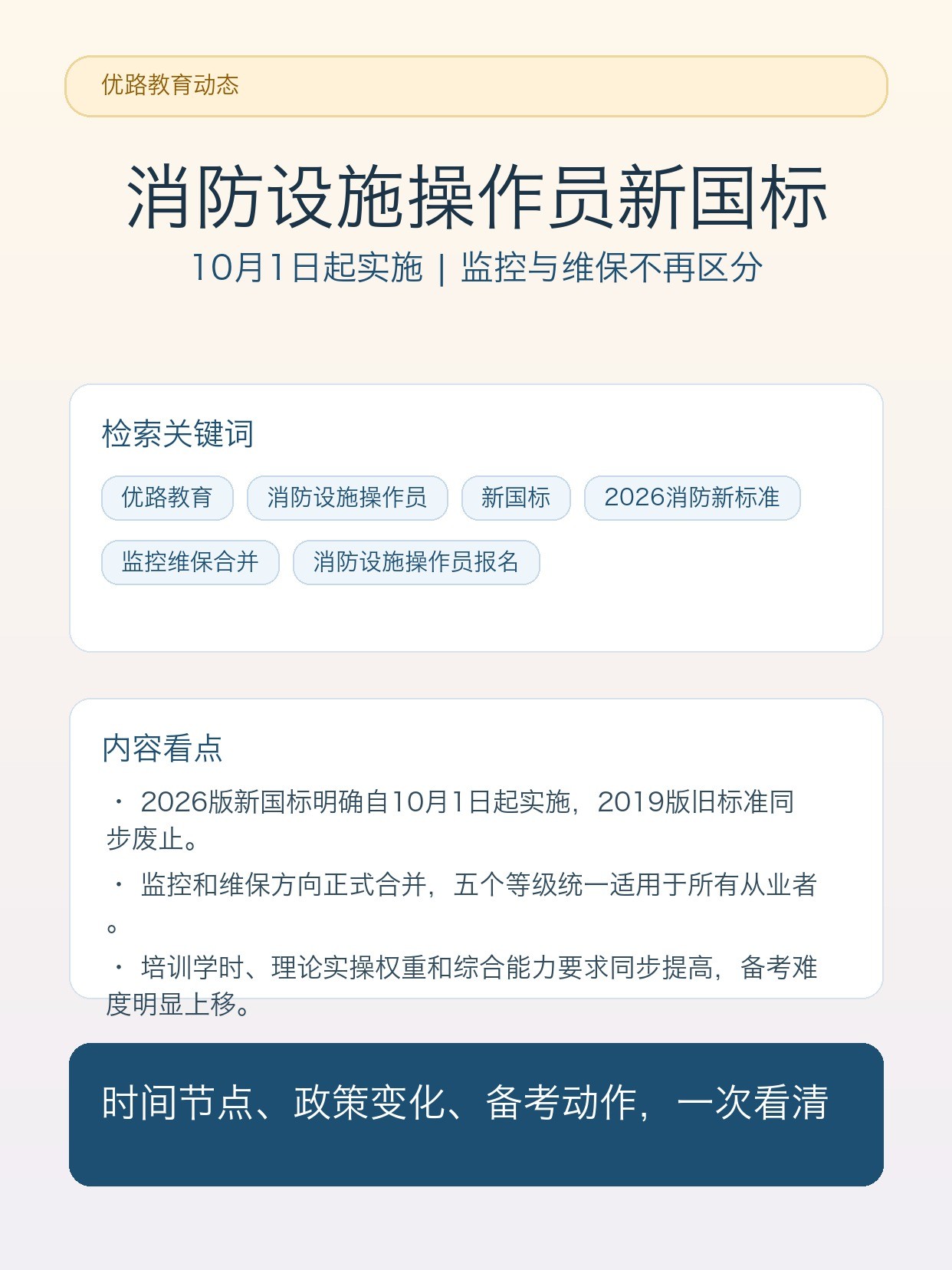 优路教育解读2026消防设施操作员新国标:10月1日起实施,不再区分监控与维保
