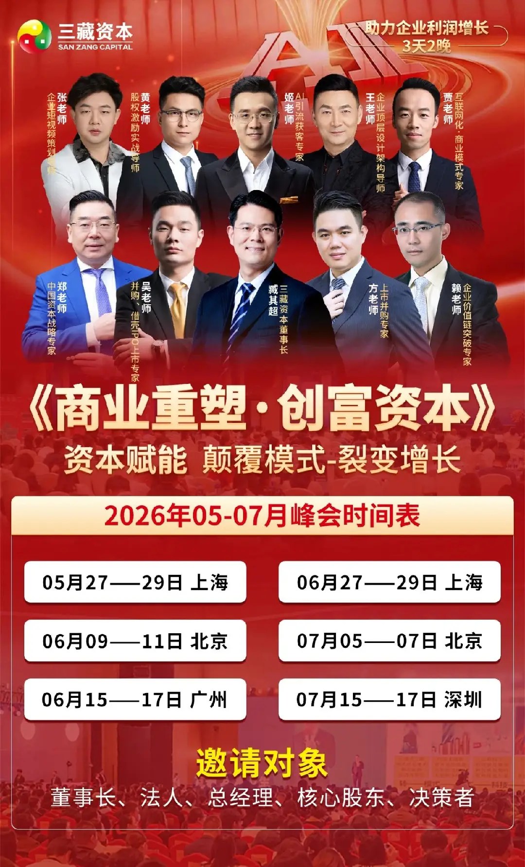 张老师、黄老师、姬老师、王老师、贾老师、郑老师、吴老师、臧其超、方老师、赖老师师资领衔:三藏资本《商业重塑·创富资本》2026年6月9日-11日北京峰会开讲