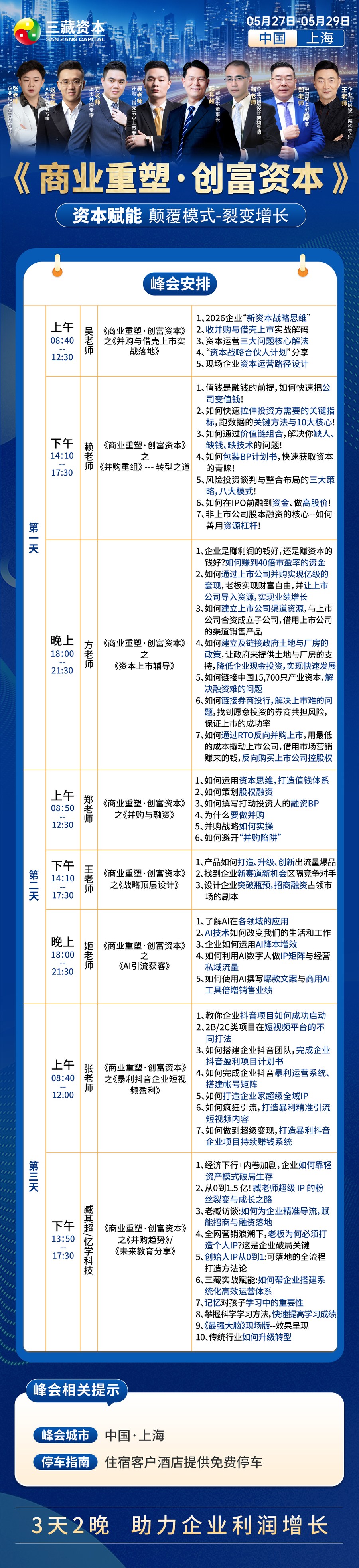 三藏资本《商业重塑·创富资本》5月27-29日上海峰会课程安排