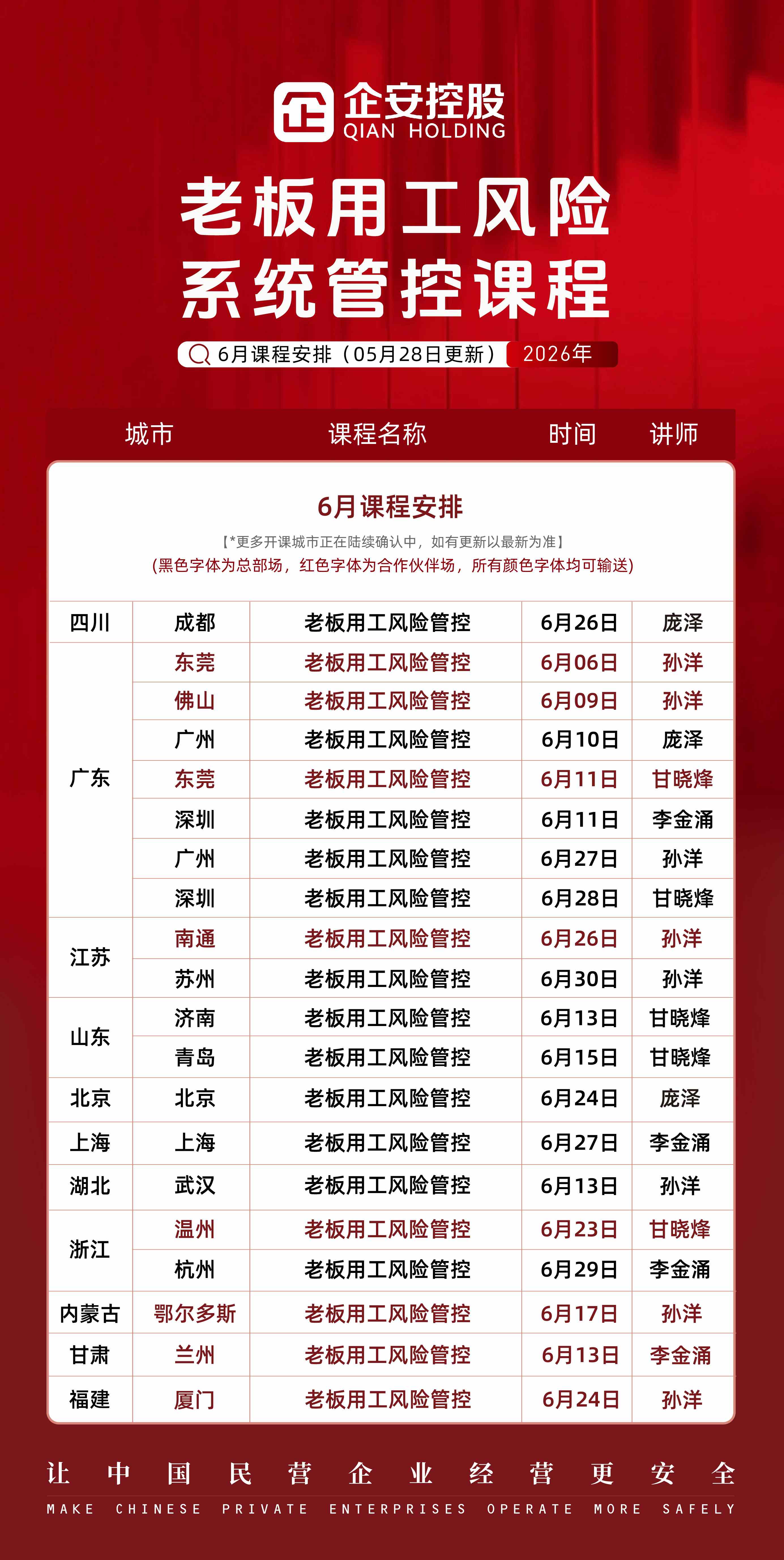 企安控股老板用工风险系统管控课程:2026年6月24日厦门站,孙洋老师主讲