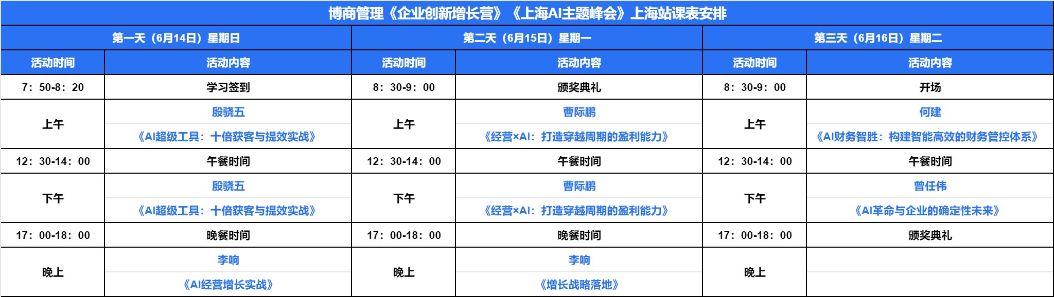 段骁伍、曹际鹏、何建、曾任伟、李响联讲:博商管理《企业创新增长营》《上海AI主题峰会》上海站三天课表安排发布,2026年6月14日-16日在上海开课