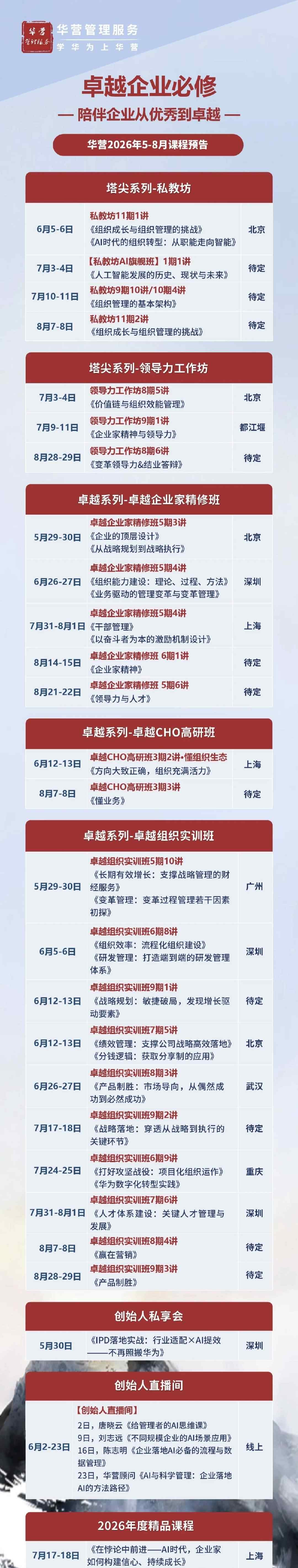 华营管理服务 | 卓越企业必修 | 2026年5-8月课程预告
