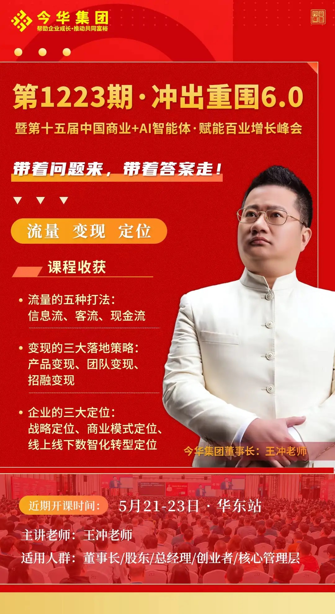 王冲冲出重围6.0华东站开课通知：5月21日-23日中国商业+AI智能体赋能百业增长峰会