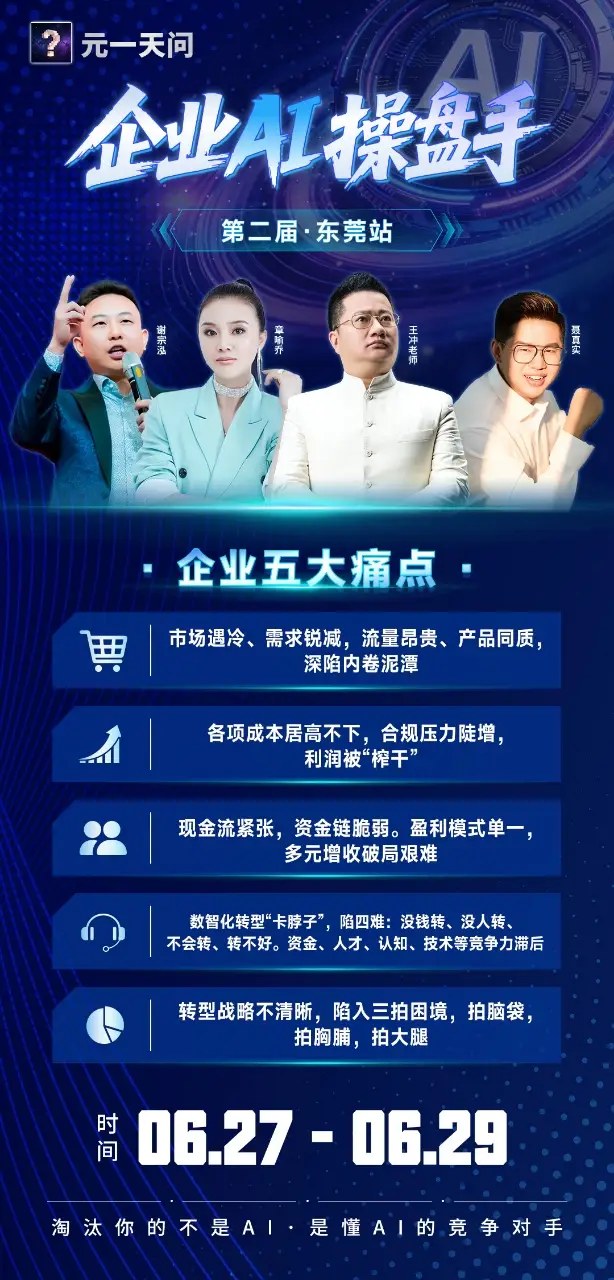 谢宗泓、章瑜乔、王冲、聂真实联袂开讲：企业AI操盘手第二届东莞站6月27日-29日三天两夜实战营