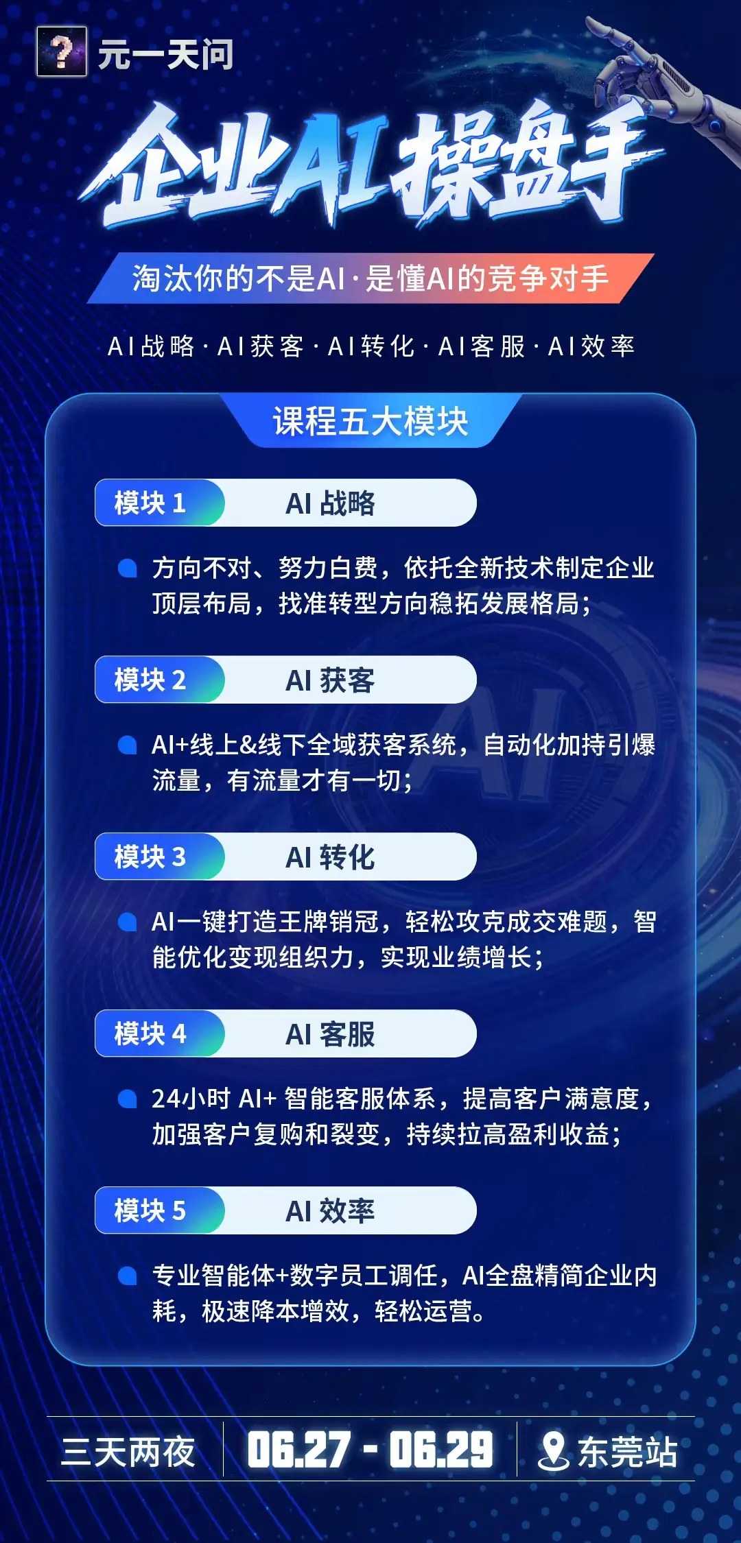 谢宗泓、章瑜乔、王冲、聂真实联袂开讲：企业AI操盘手第二届东莞站6月27日-29日三天两夜实战营