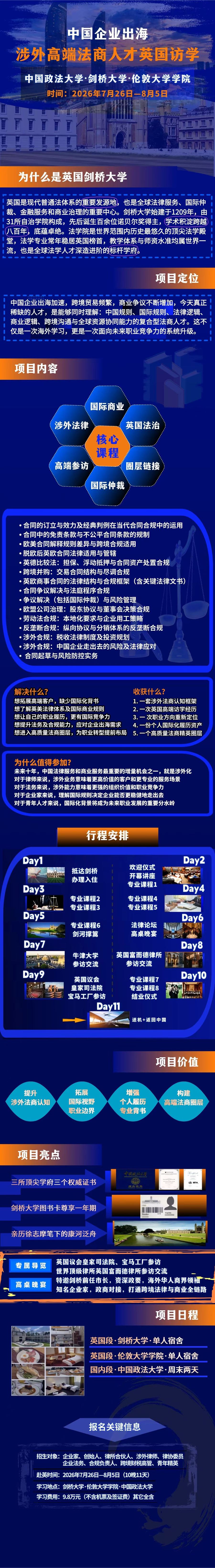 中国企业出海涉外法治法商人才培训：剑桥大学英国访学2026年7月26日-8月5日项目介绍