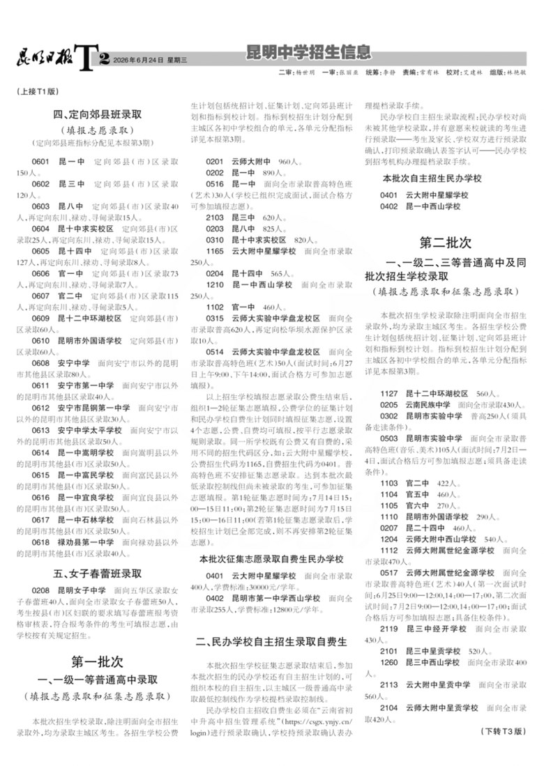2026年昆明市高中阶段招生考试信息(四)——普通高中招生学校目录云南新东方