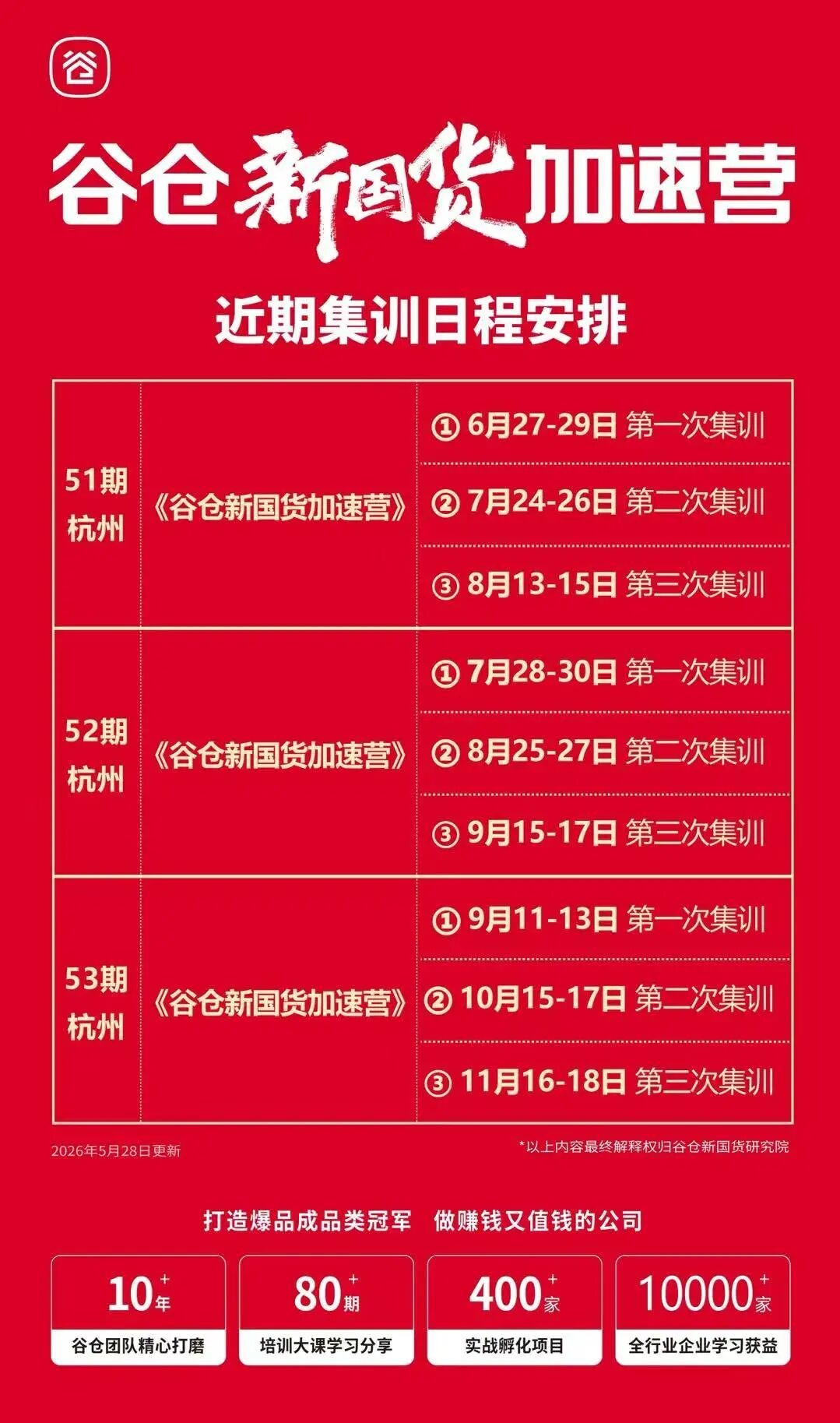 谷仓新国货研究院《谷仓新国货加速营》51-53期杭州集训日程安排:6月27日-11月18日