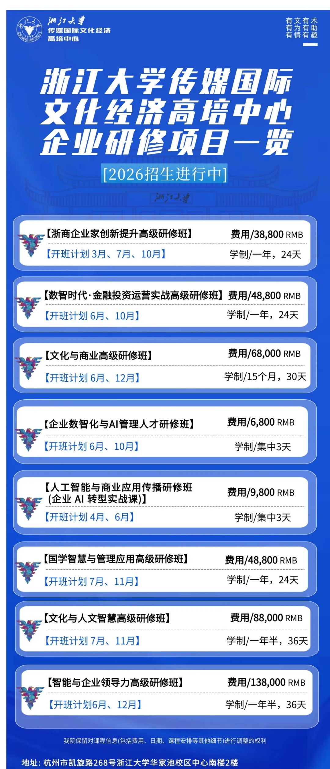 浙江大学传媒国际文化经济高培中心数智时代·金融投资运营实战高级研修班,2026年6月、10月开班,学制一年24天,费用48800元